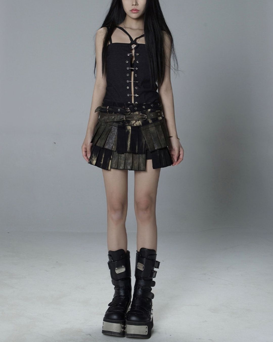 Patched Pleated Mini Skirt BT014