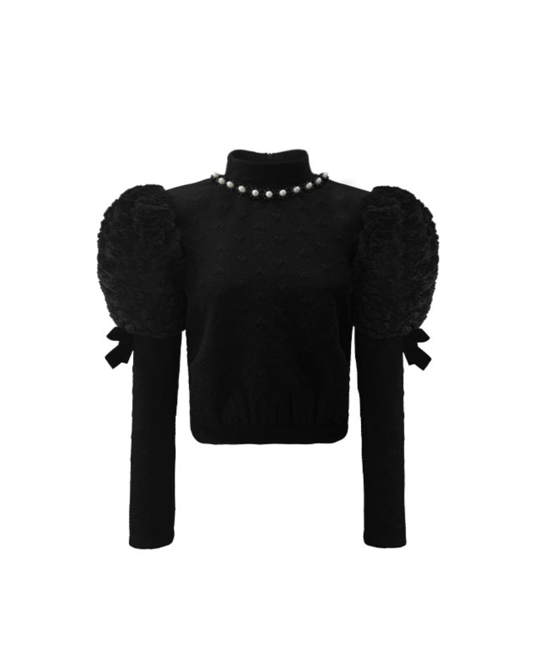 Fur Sleeves Bow Pearl Decoration Knit TP009