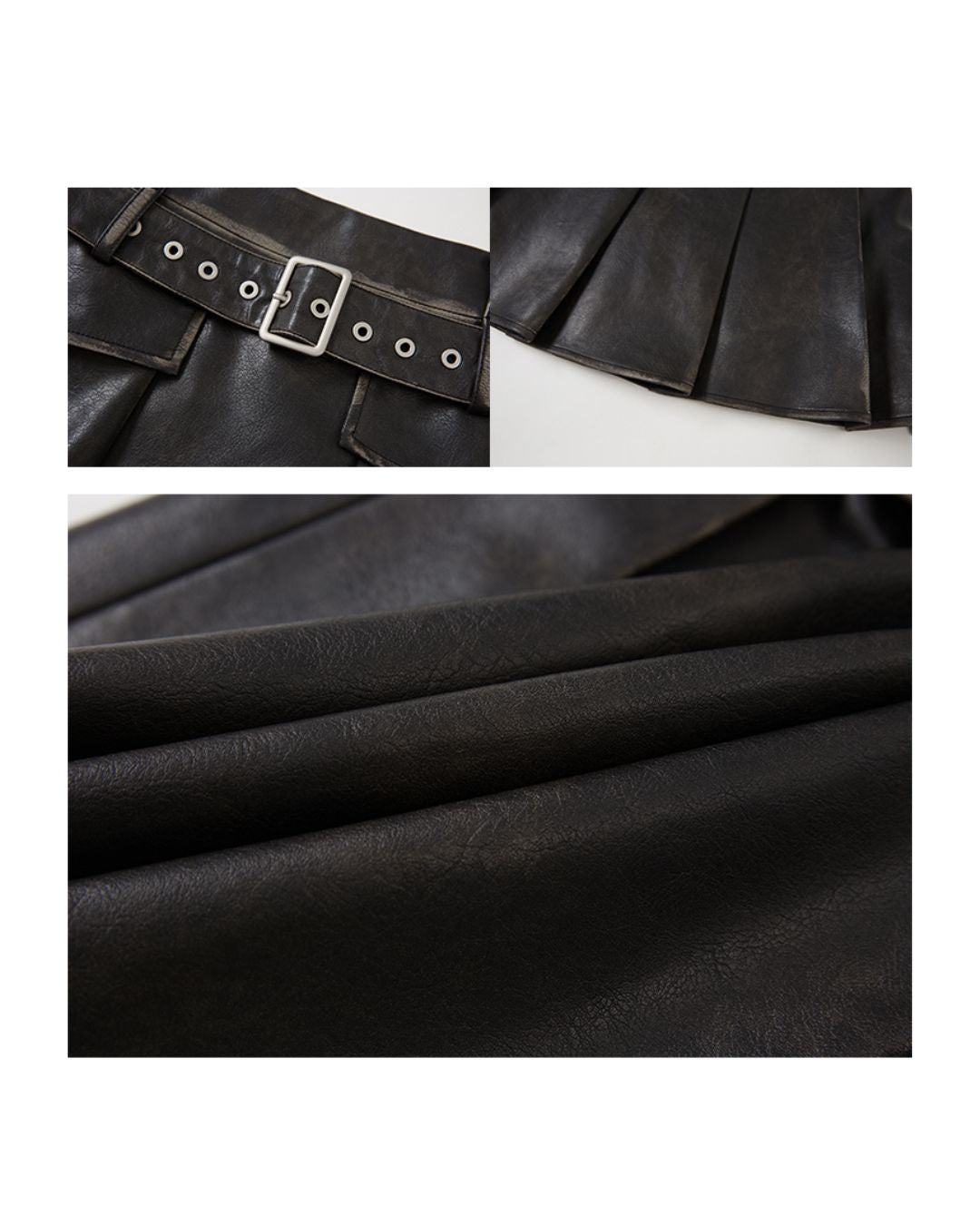 Belted Retro Pleated Leather Skirt BT001