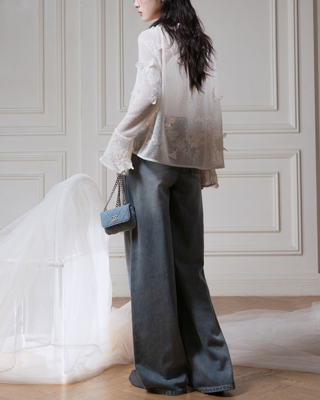 Rhinestone Decorated Wide Denim Pants　BT031