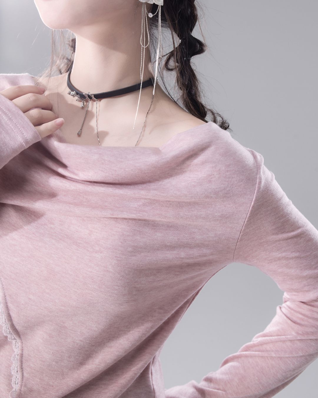 Draped Boat Neck Lace Seam Top　TP046