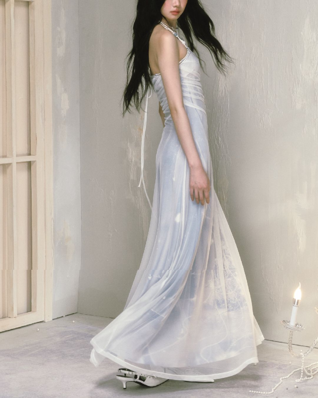 Mesh Print Beaded Halter Neck Long Dress　DR014