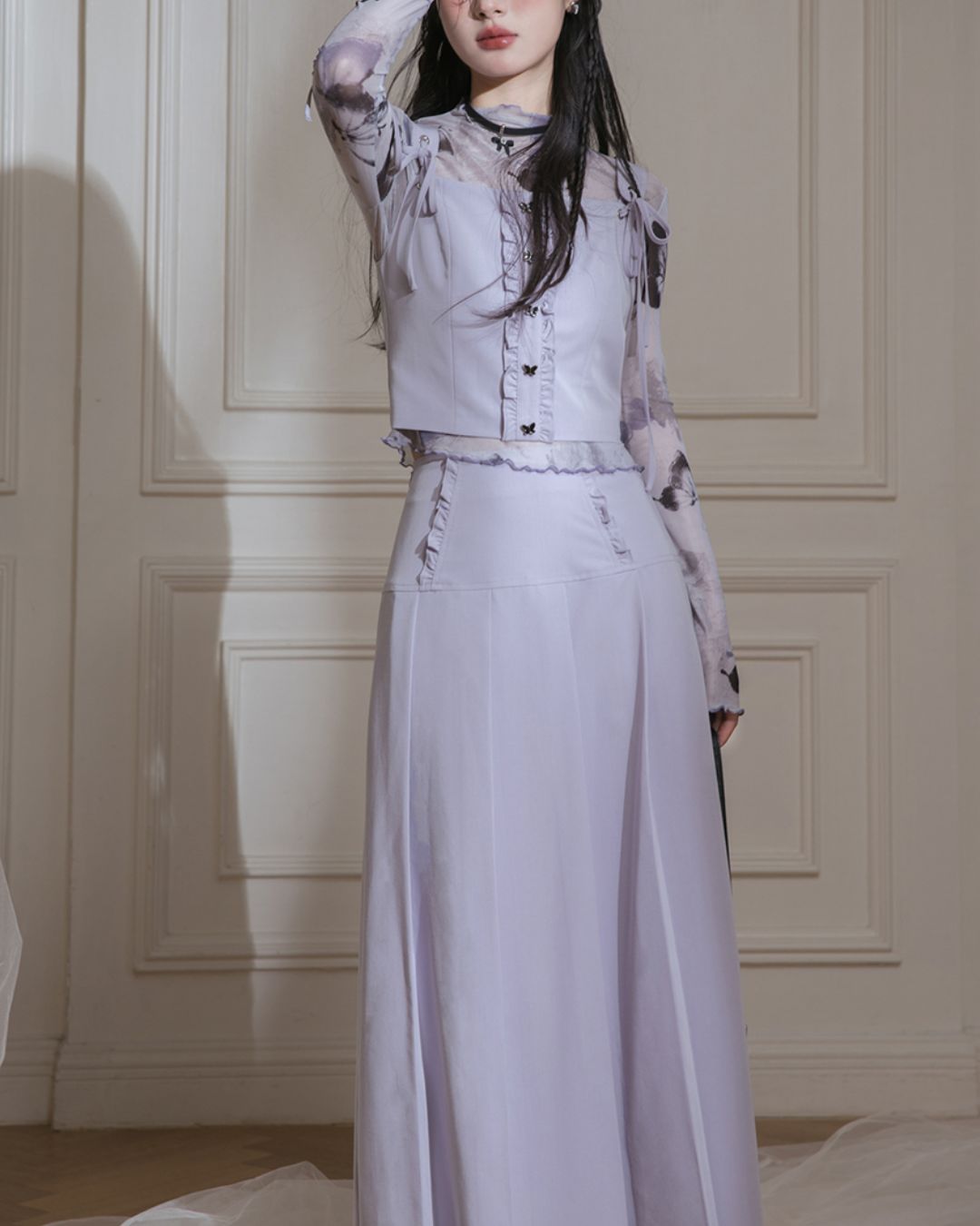 Butterfly Sheer Top & Vest & Pleated Skirt　TP024