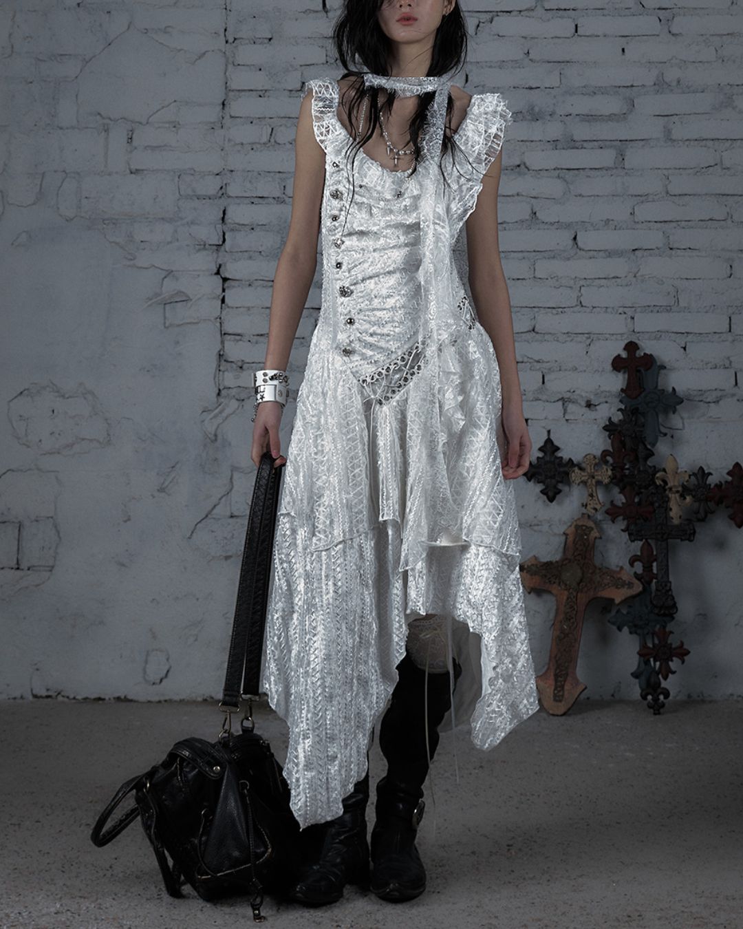 Sleeveless White Lace Asymmetrical Dress　DR038