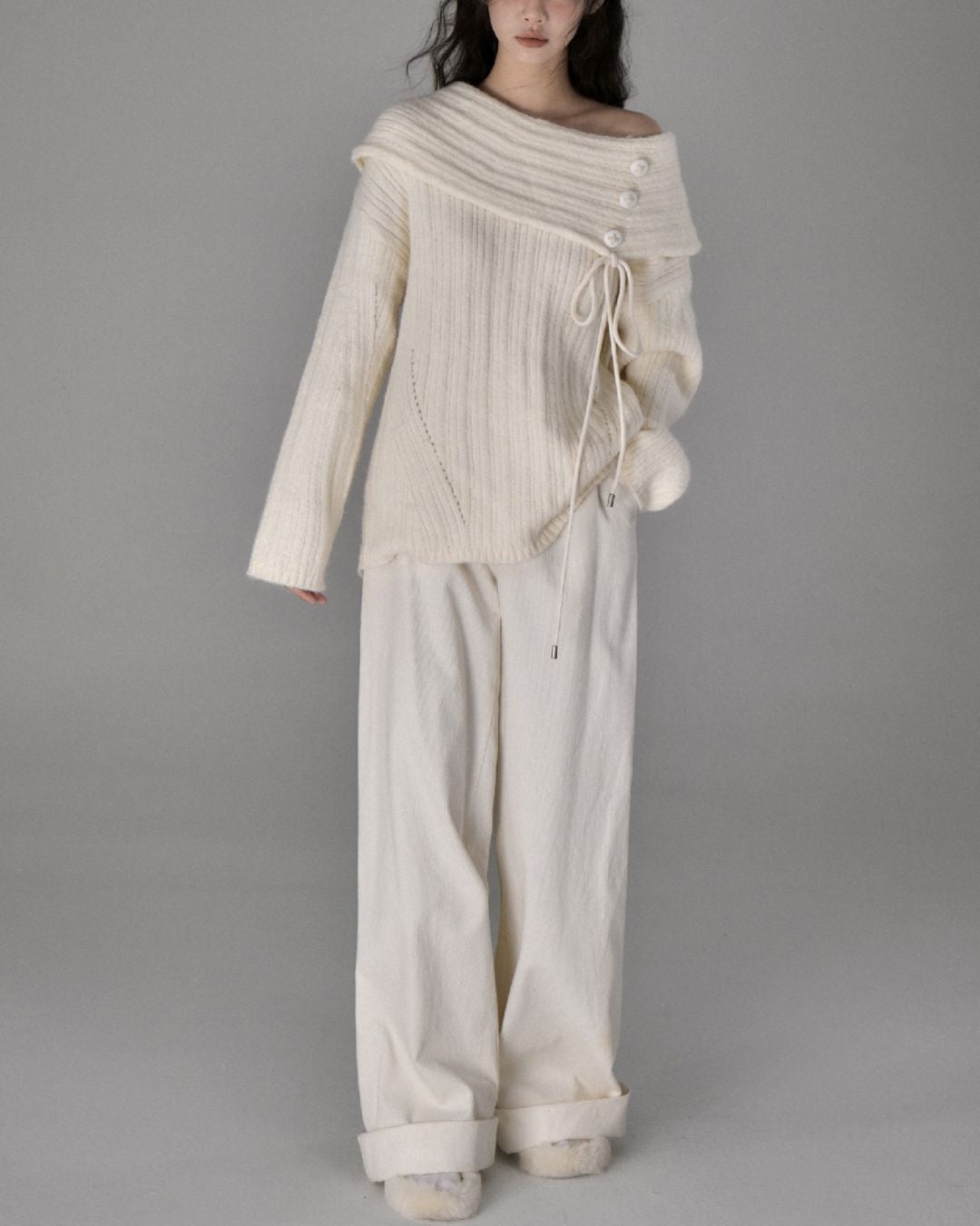 Button Ribbon Off Shoulder Knit　TP022