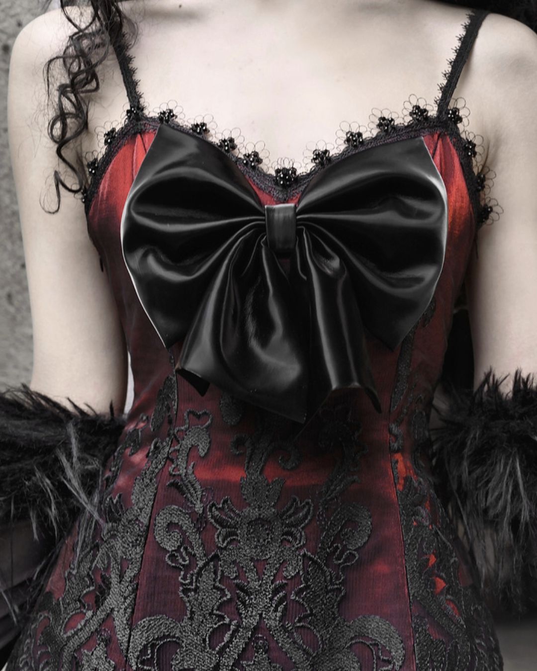 Black Lace Leather Ribbon Dress　DR034