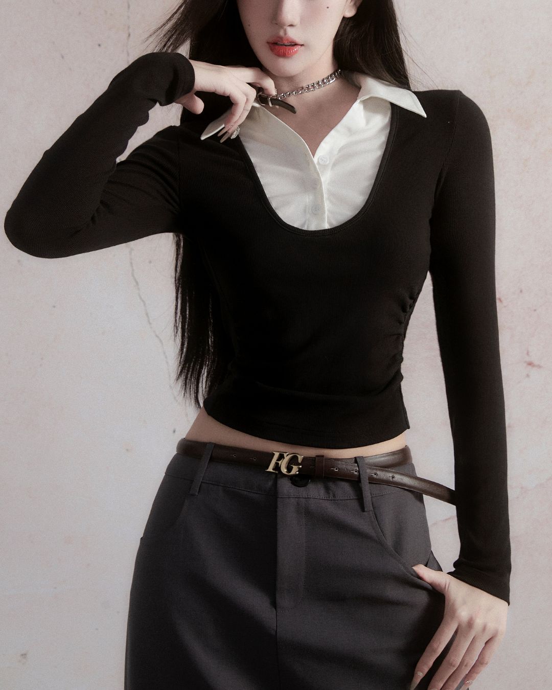 Shirt Layered Cropped Top　TP025