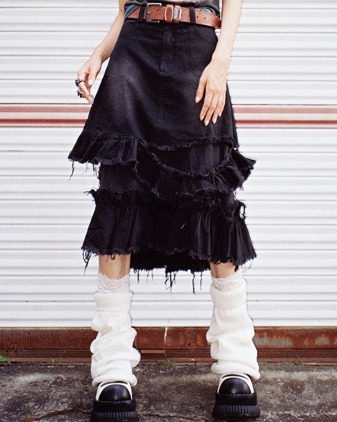 Distressed Denim Frill Midi Skirt　BT021