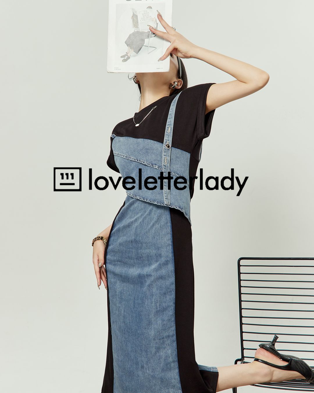 Denim Switching French Sleeve Dress　DR045