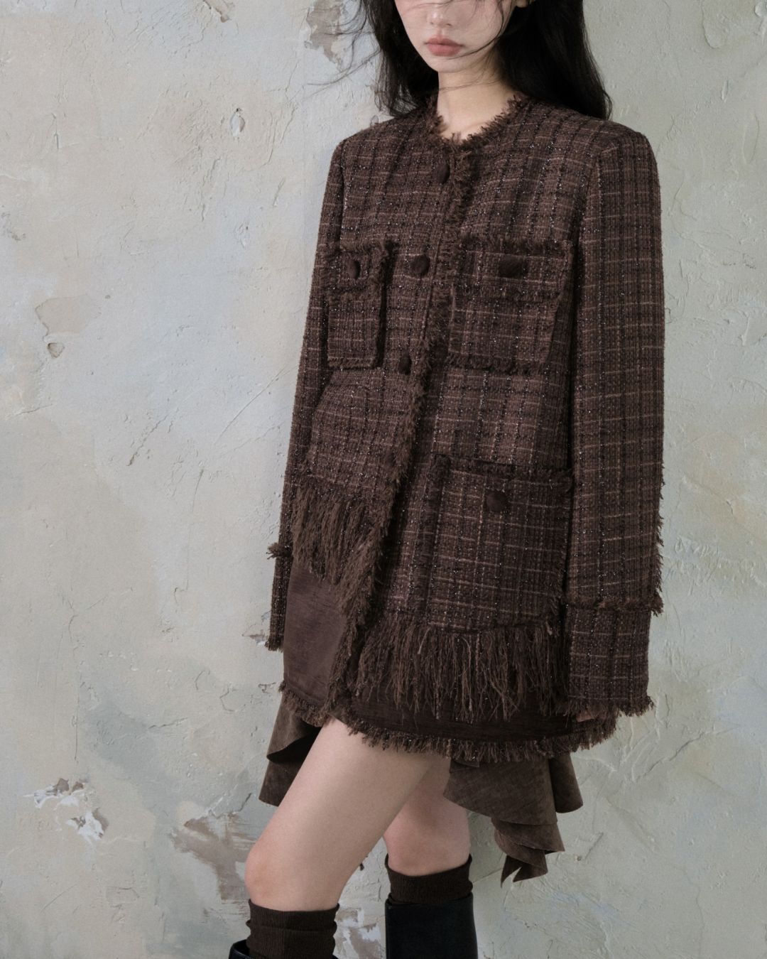 Leather And Suede Metallic Belt Asymmetric Skirt　BT019