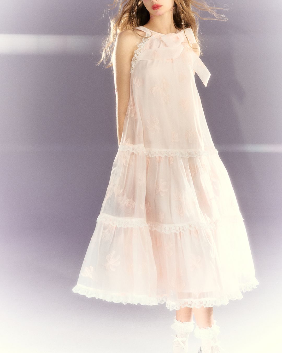 Halter Neck Floral Tiered Lace Long Dress　DR025