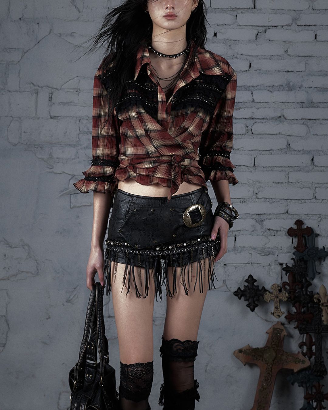 3/4 Sleeve Front Tie Check Shirt　TP043