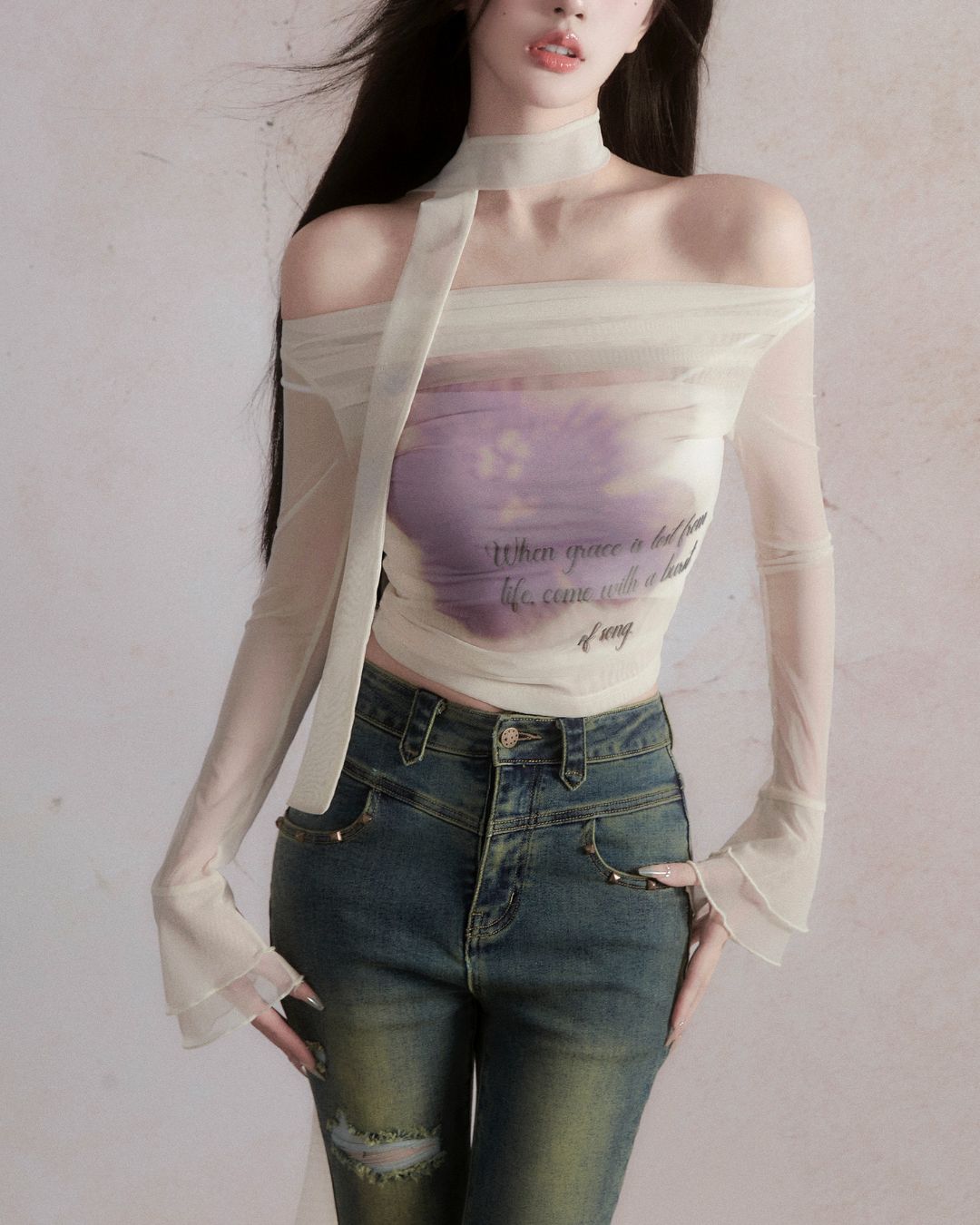 Sheer Flower Off-Shoulder Top　TP026