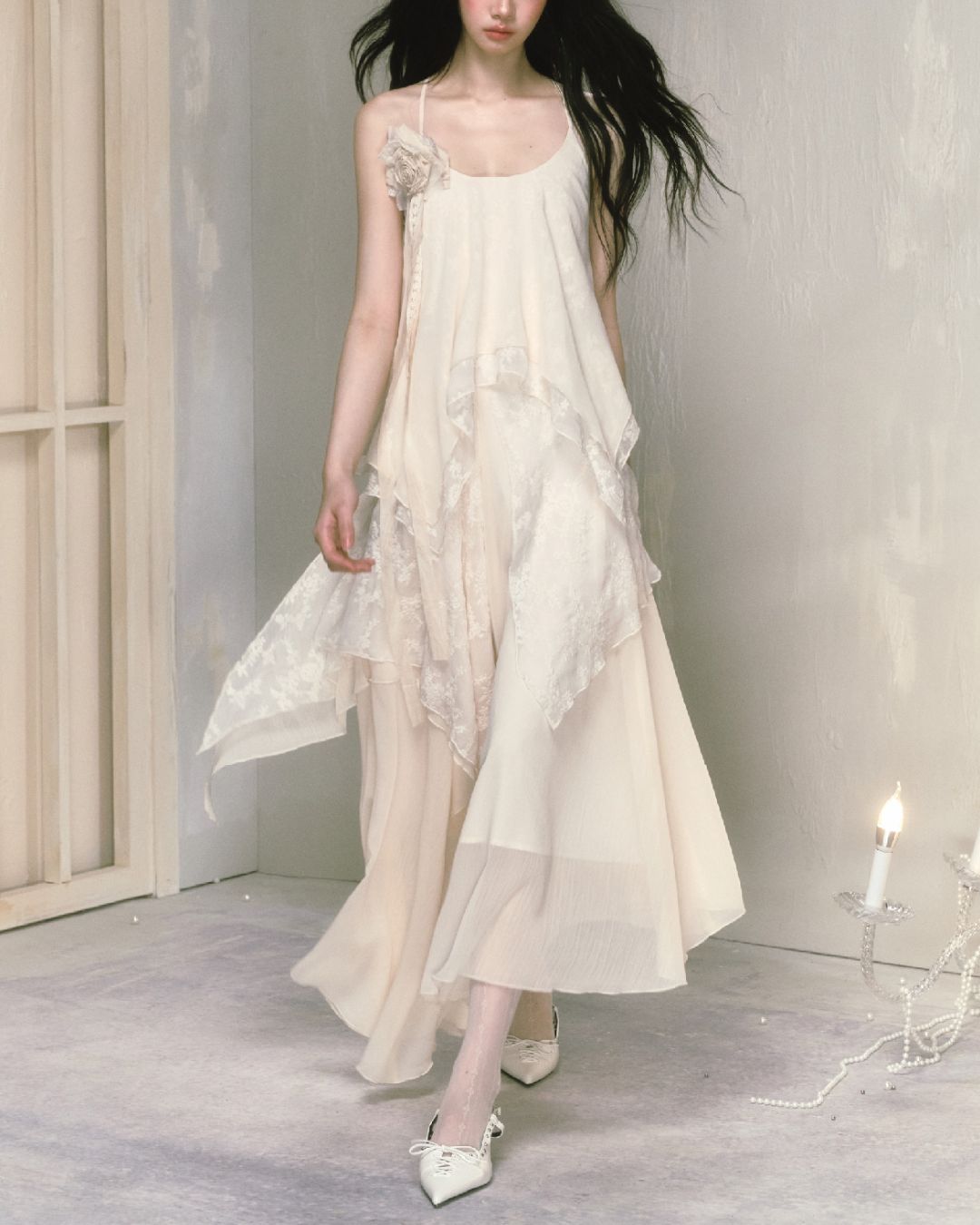 Rose Brooch Lace Asymmetrical Dress　DR013