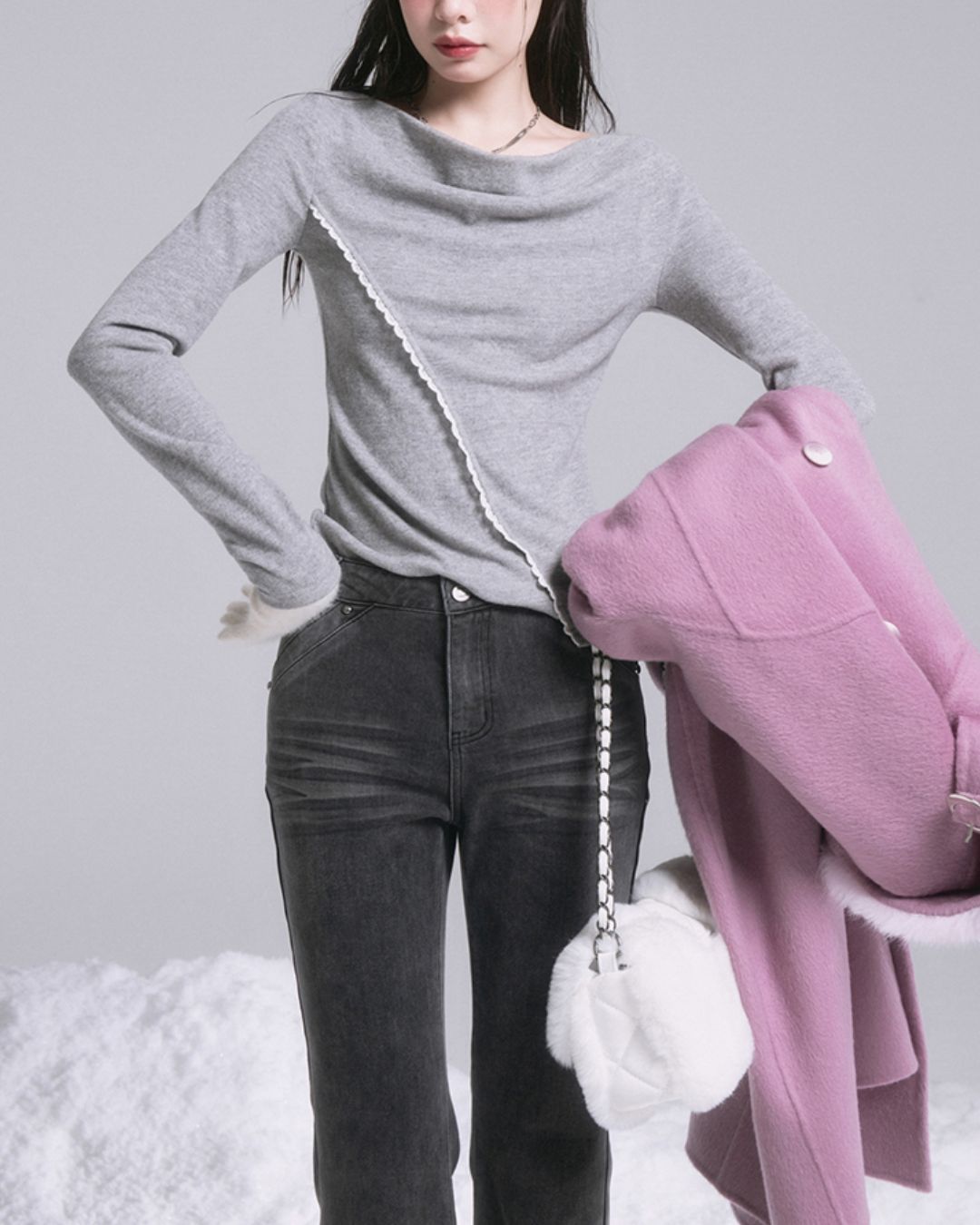 Draped Boat Neck Lace Seam Top　TP046