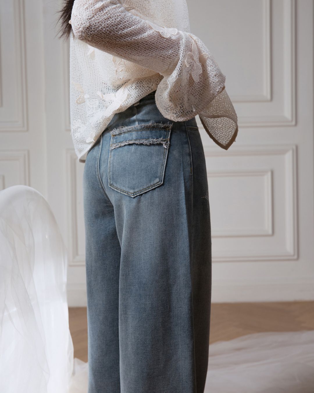 Rhinestone Decorated Wide Denim Pants　BT031