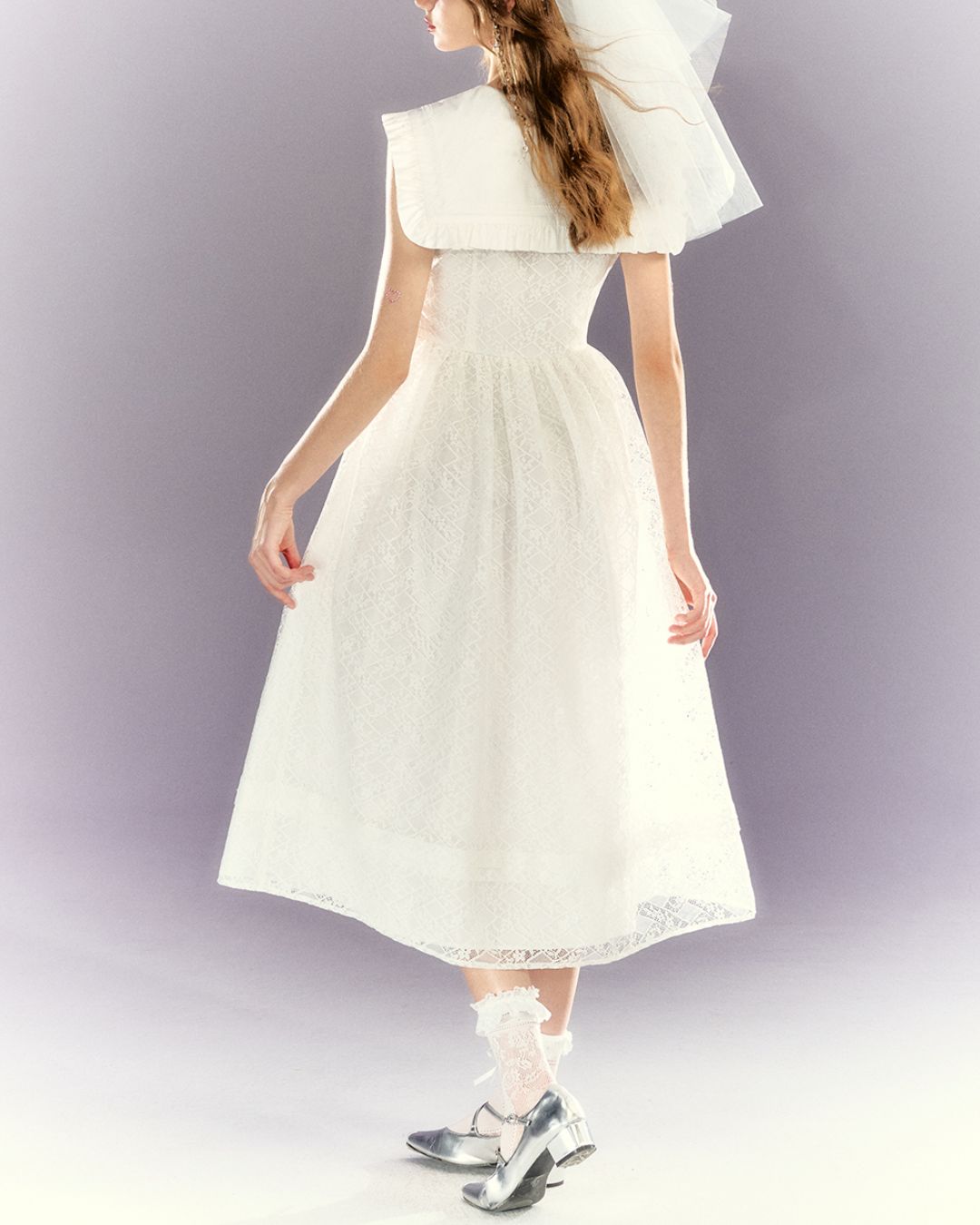 White Lace Sailor Collar Dress　DR023