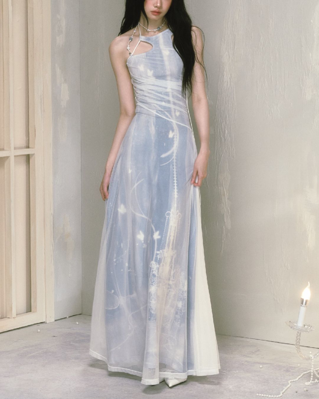 Mesh Print Beaded Halter Neck Long Dress　DR014