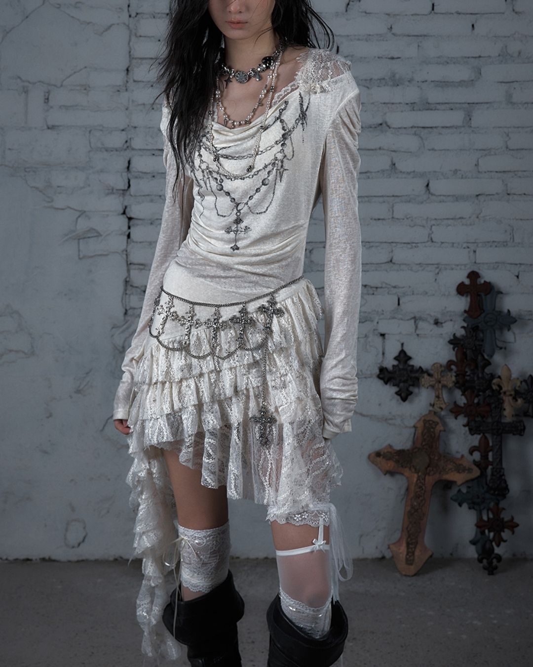 Necklace Print Lace Hooded Dress　DR037