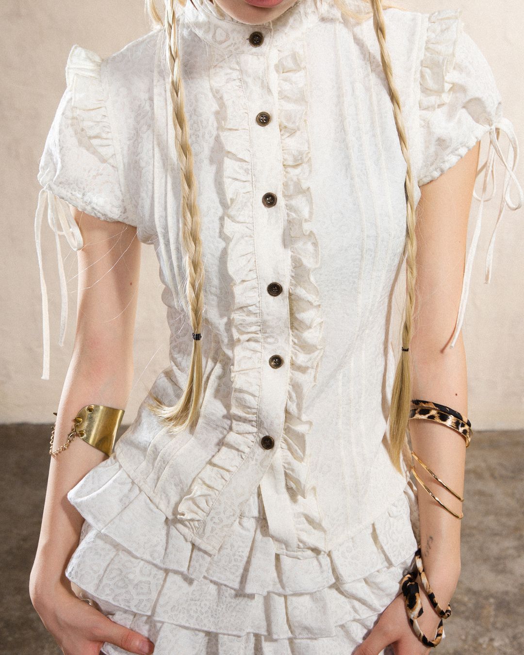 Stand Collar Leopard Print Frill Shirt　TP051