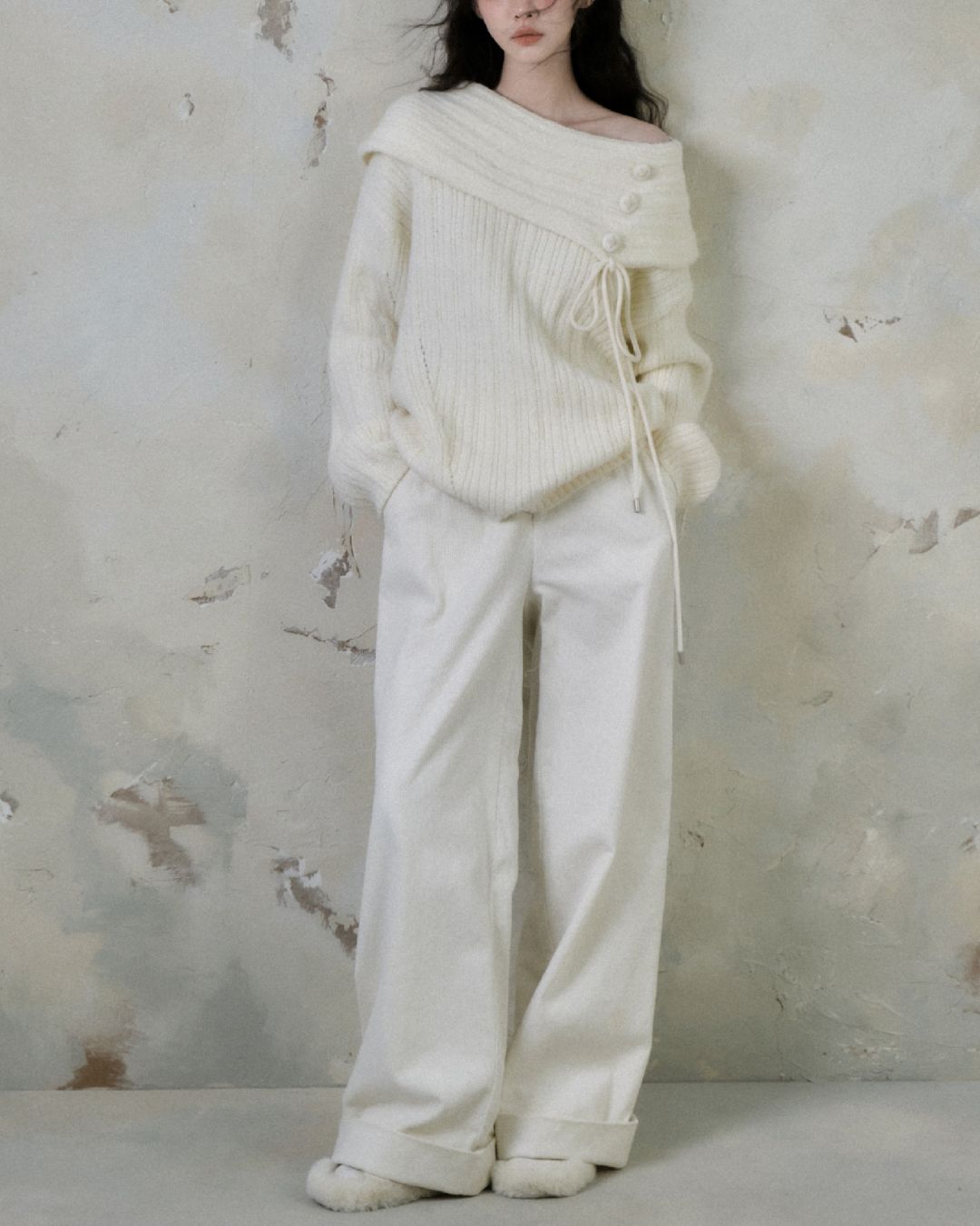 Button Ribbon Off Shoulder Knit　TP022