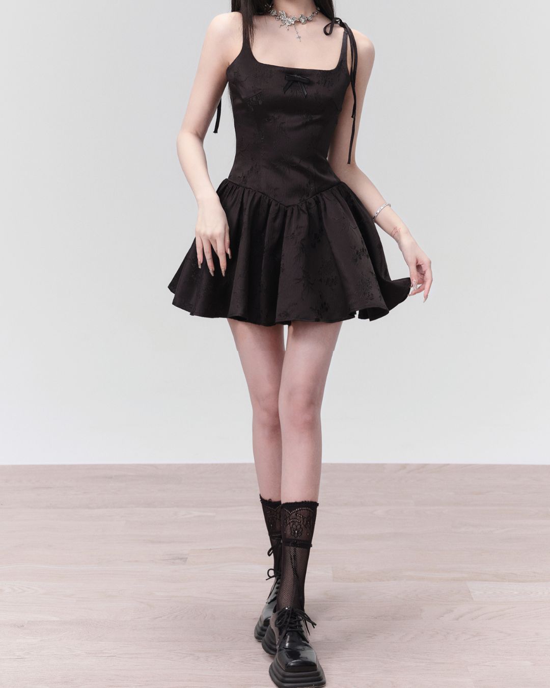 Jacquard Ribbon Camisole Mini Dress　DR022