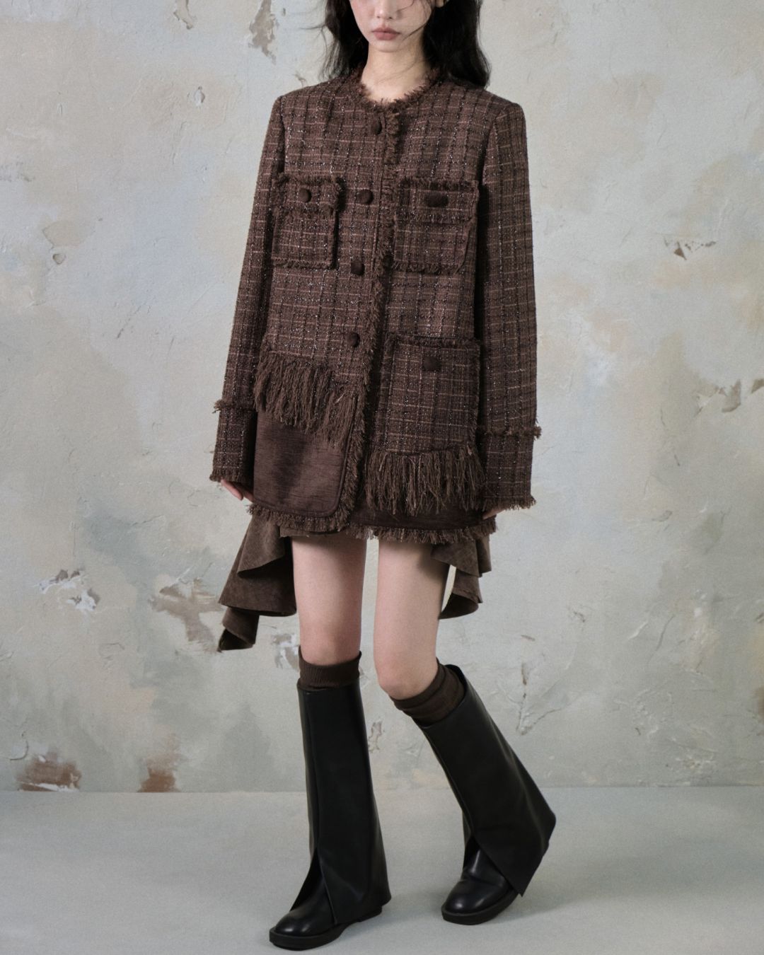 Leather And Suede Metallic Belt Asymmetric Skirt　BT019