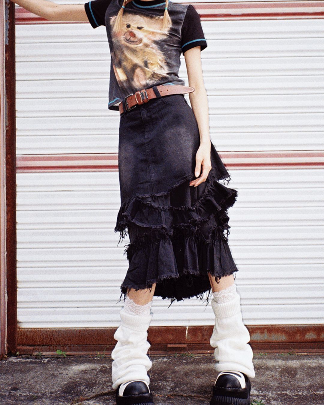 Distressed Denim Frill Midi Skirt　BT021