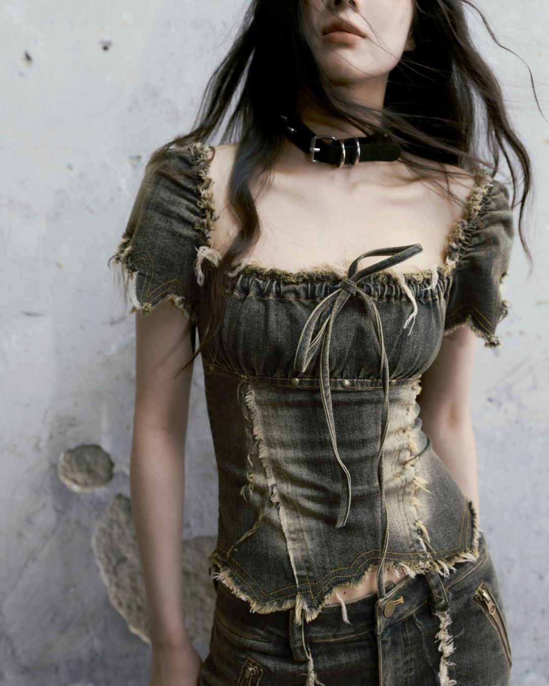 Washed Denim Puff Sleeves Top　TP029