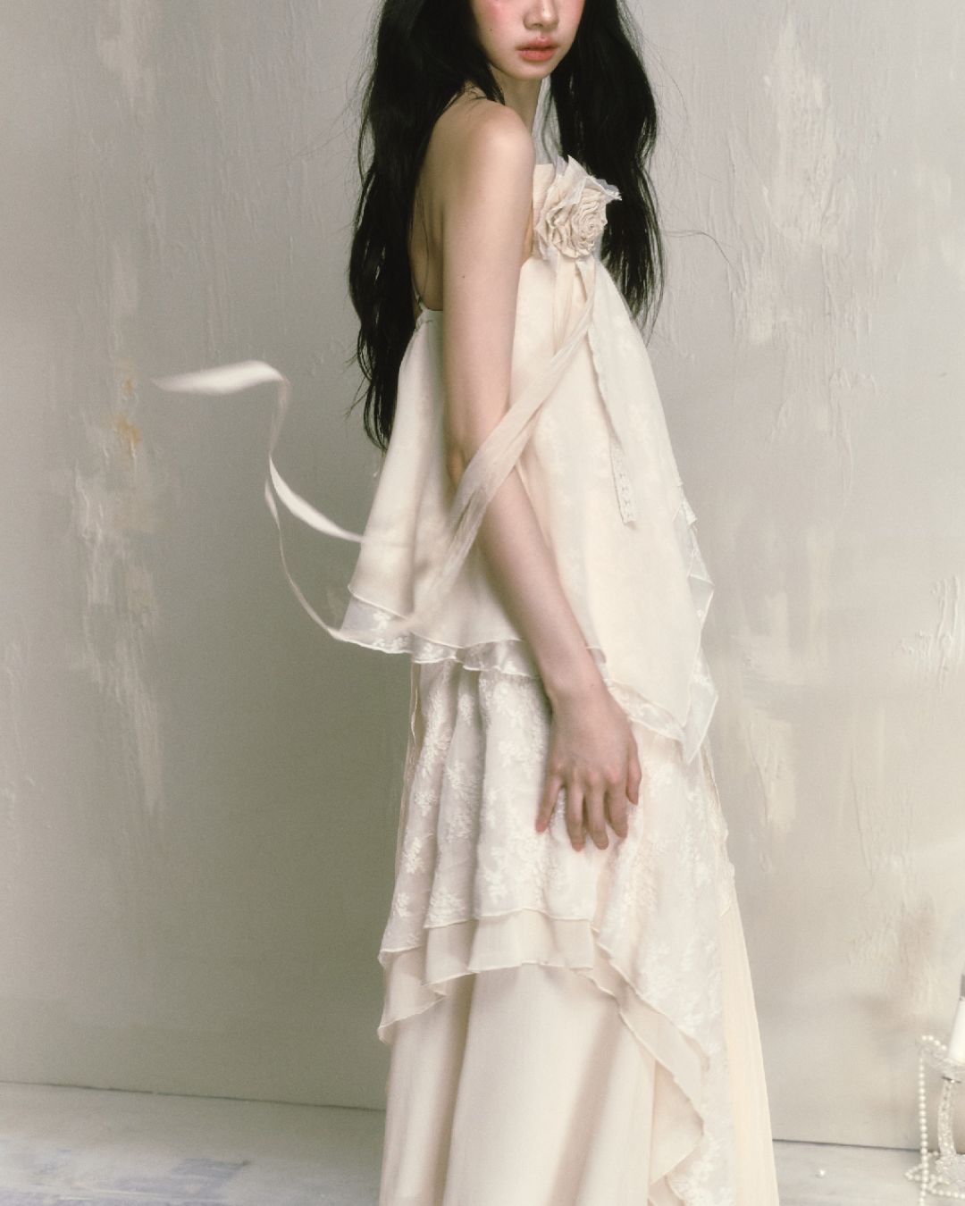 Rose Brooch Lace Asymmetrical Dress　DR013