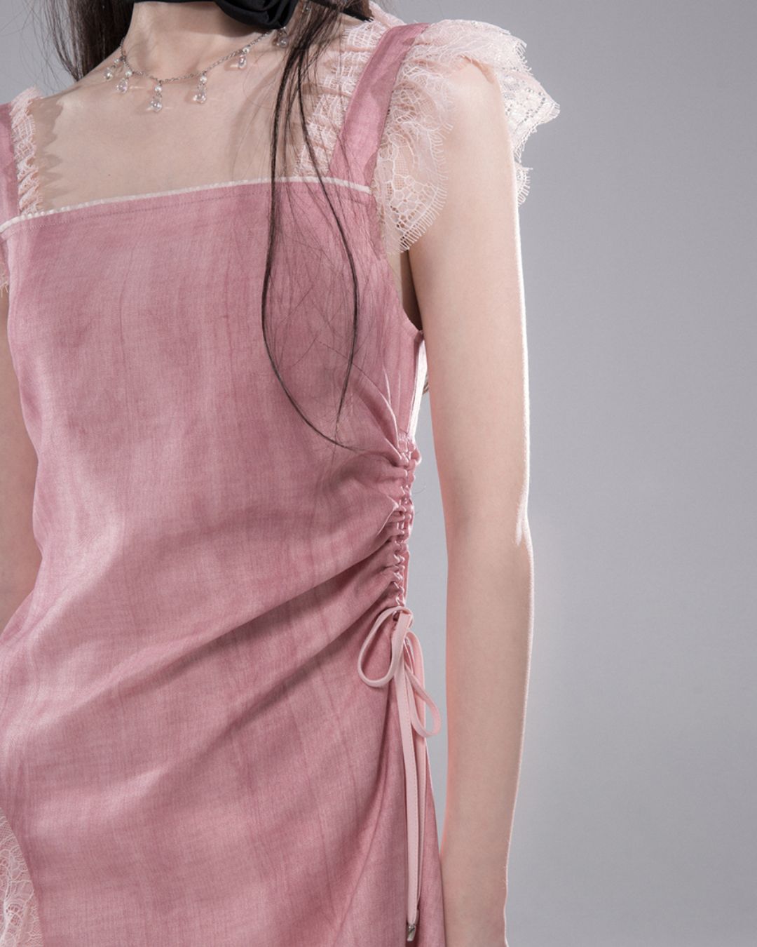 Side Waist Drawstring Lace Embellished Long Dress　DR042