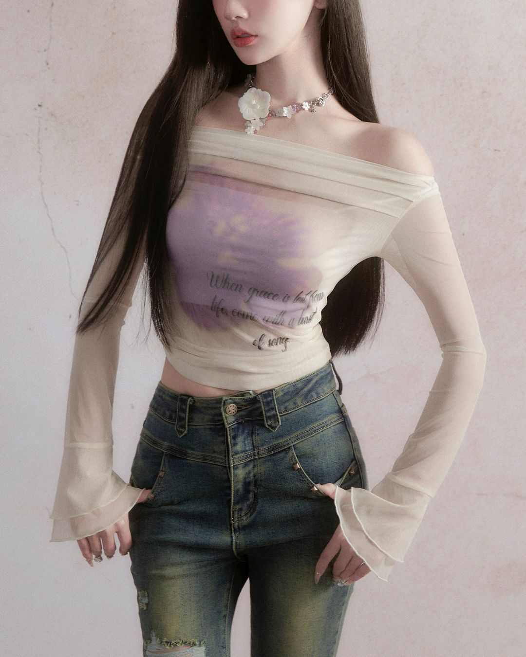 Sheer Flower Off-Shoulder Top　TP026
