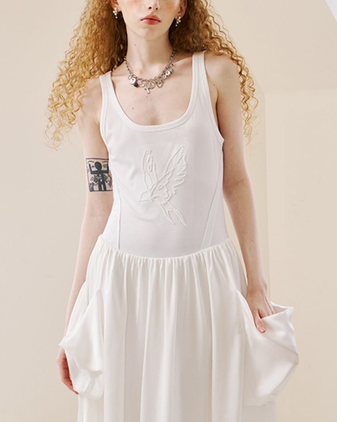 Swallow Embroidery Big Pocket Long Dress　DR036