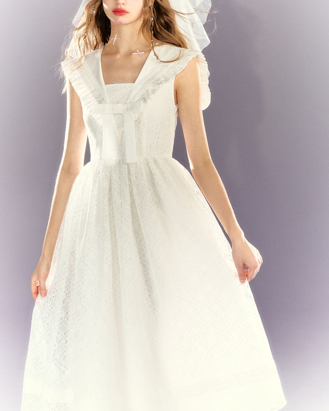 White Lace Sailor Collar Dress　DR023