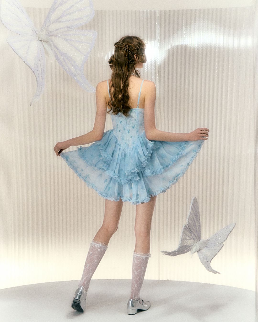 Butterfly Print Chiffon Camisole Mini Dress　DR030