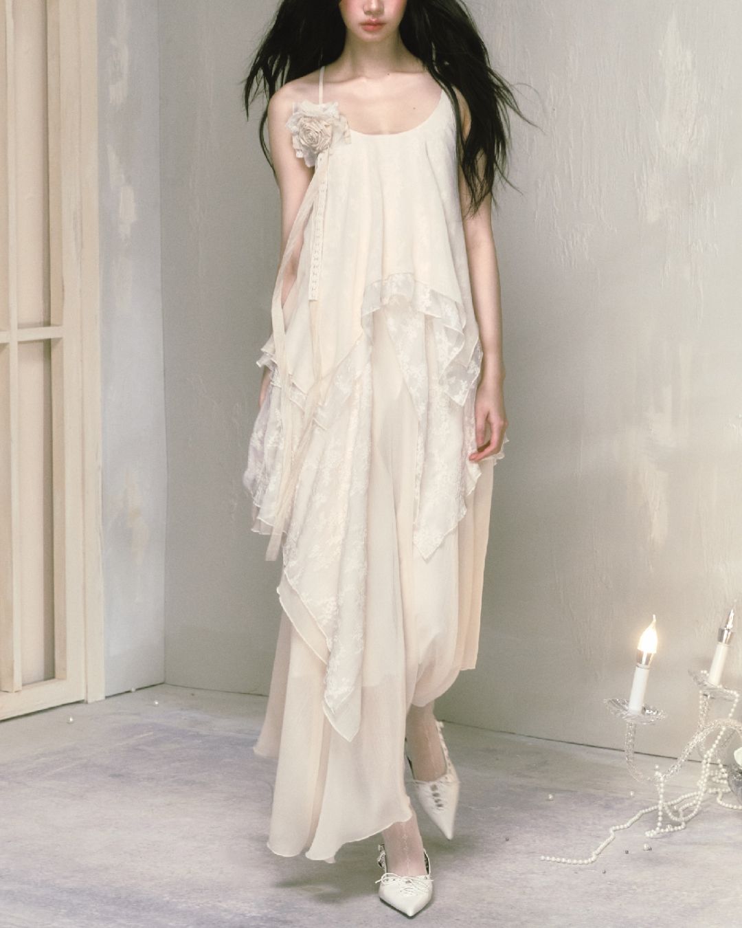 Rose Brooch Lace Asymmetrical Dress　DR013