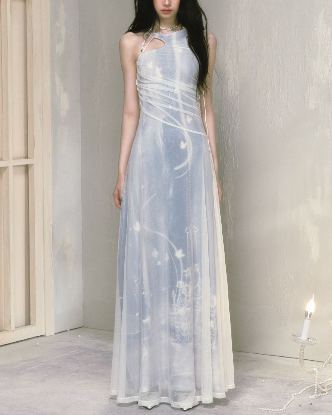 Mesh Print Beaded Halter Neck Long Dress　DR014