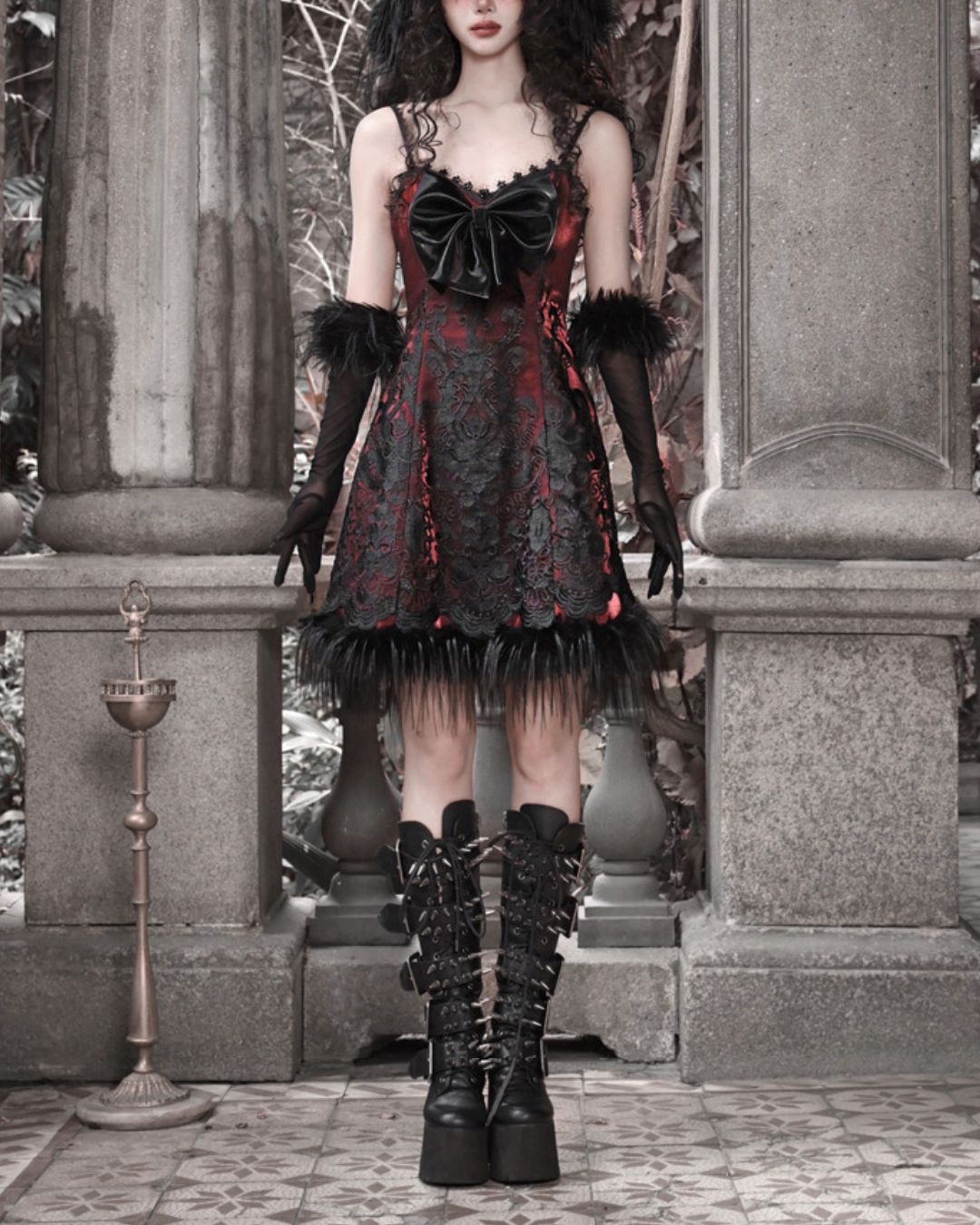 Black Lace Leather Ribbon Dress　DR034