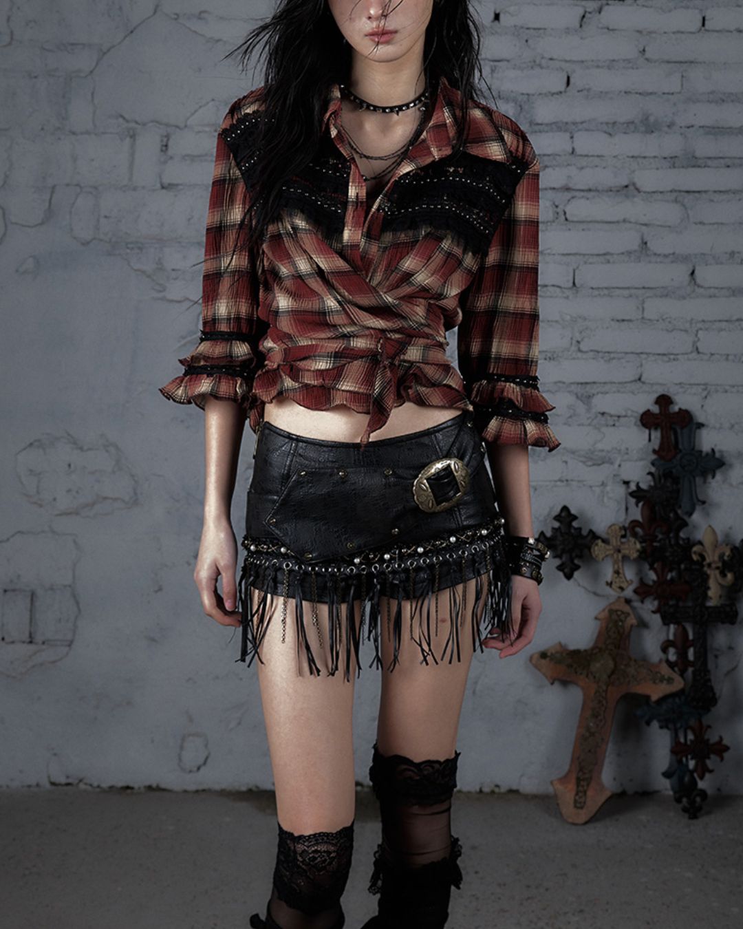 3/4 Sleeve Front Tie Check Shirt　TP043