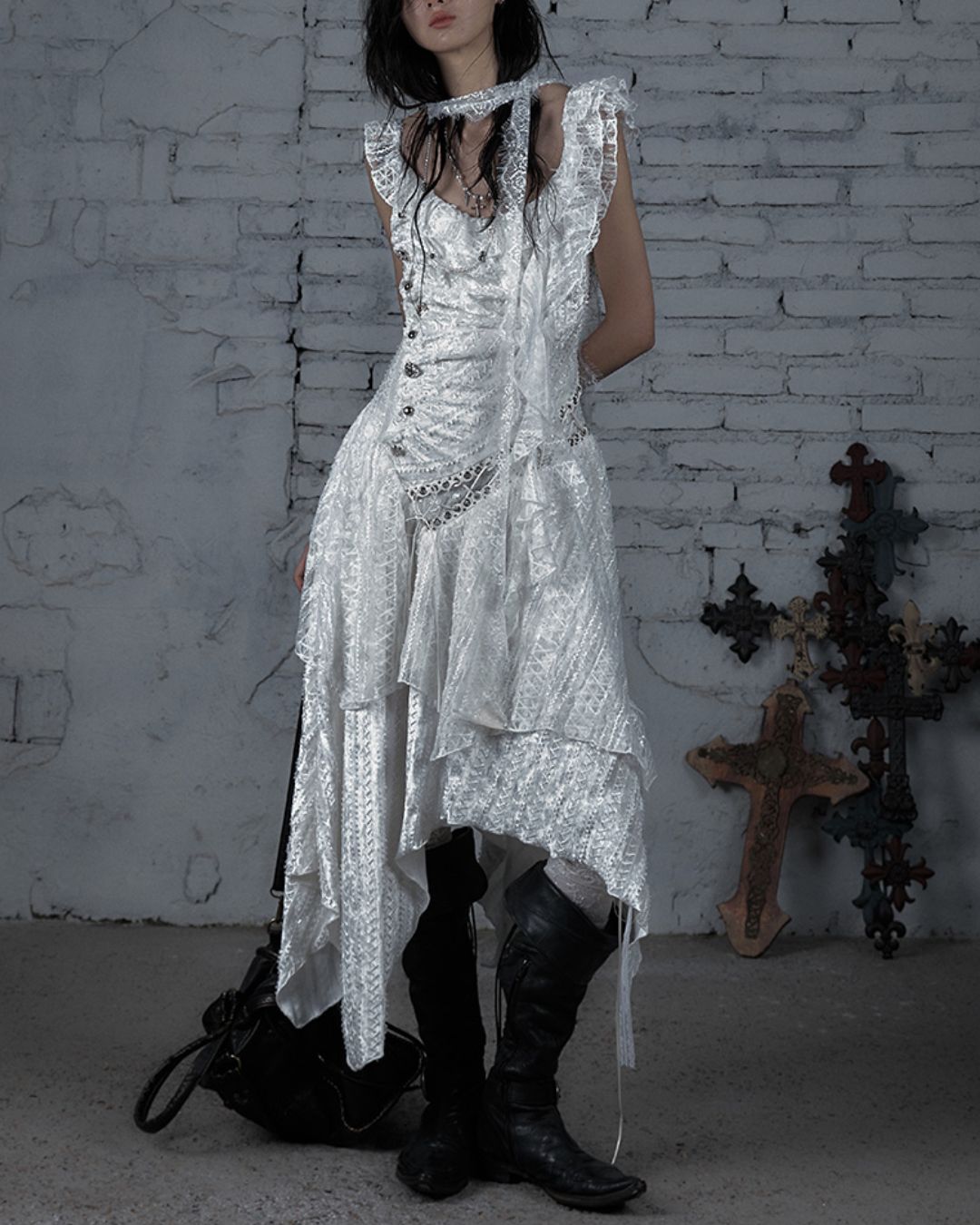 Sleeveless White Lace Asymmetrical Dress　DR038