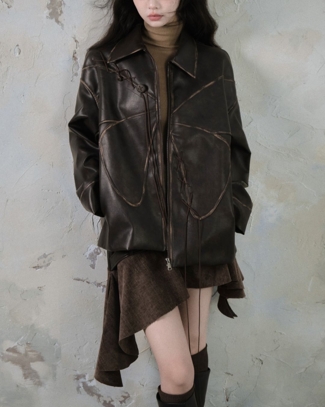 Leather And Suede Metallic Belt Asymmetric Skirt　BT019