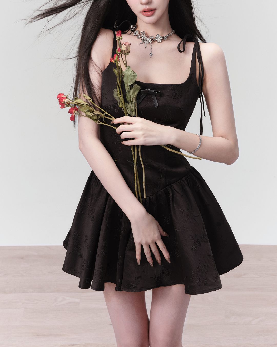 Jacquard Ribbon Camisole Mini Dress　DR022