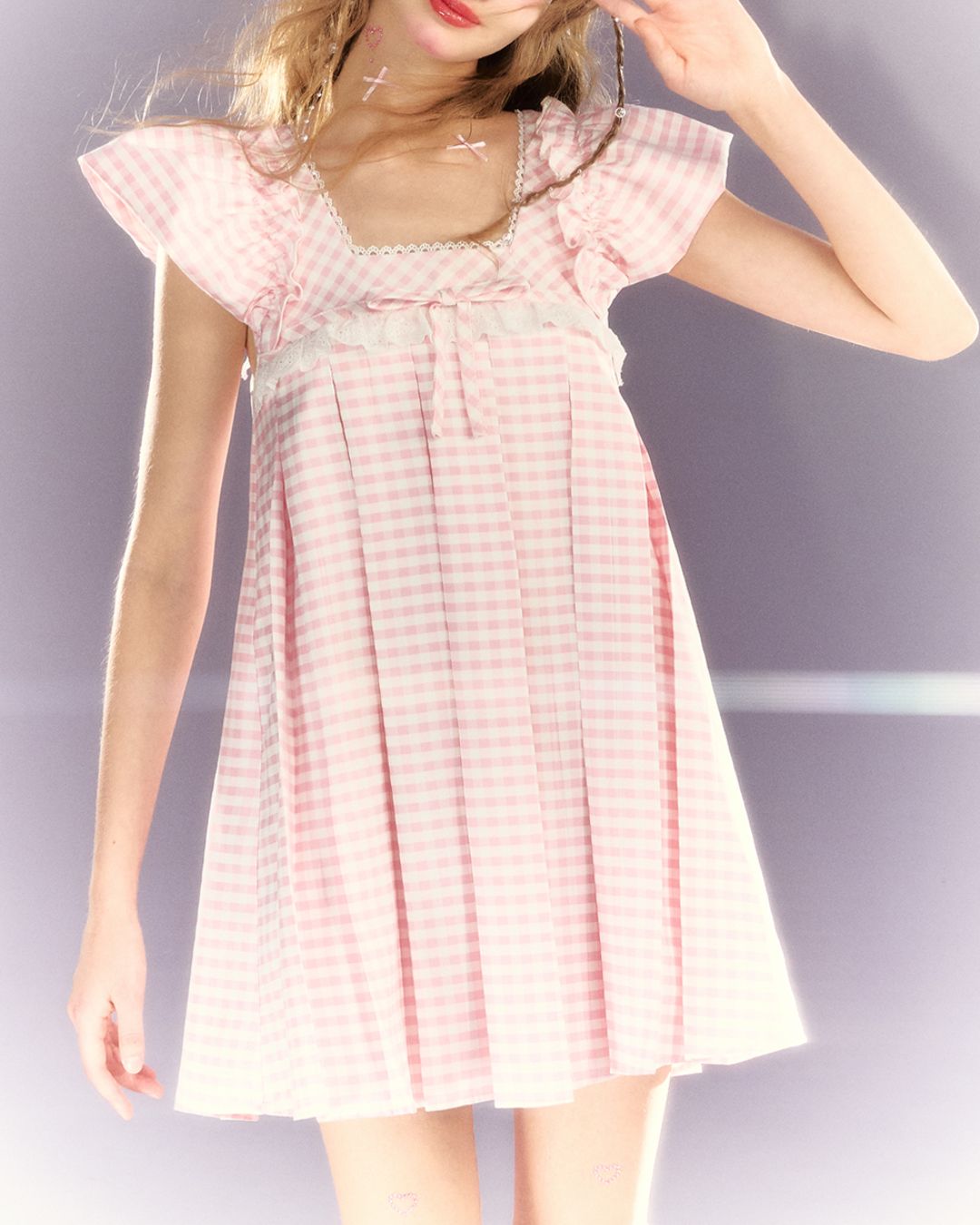 Puff sleeve Gingham Check Mini Dress　DR026