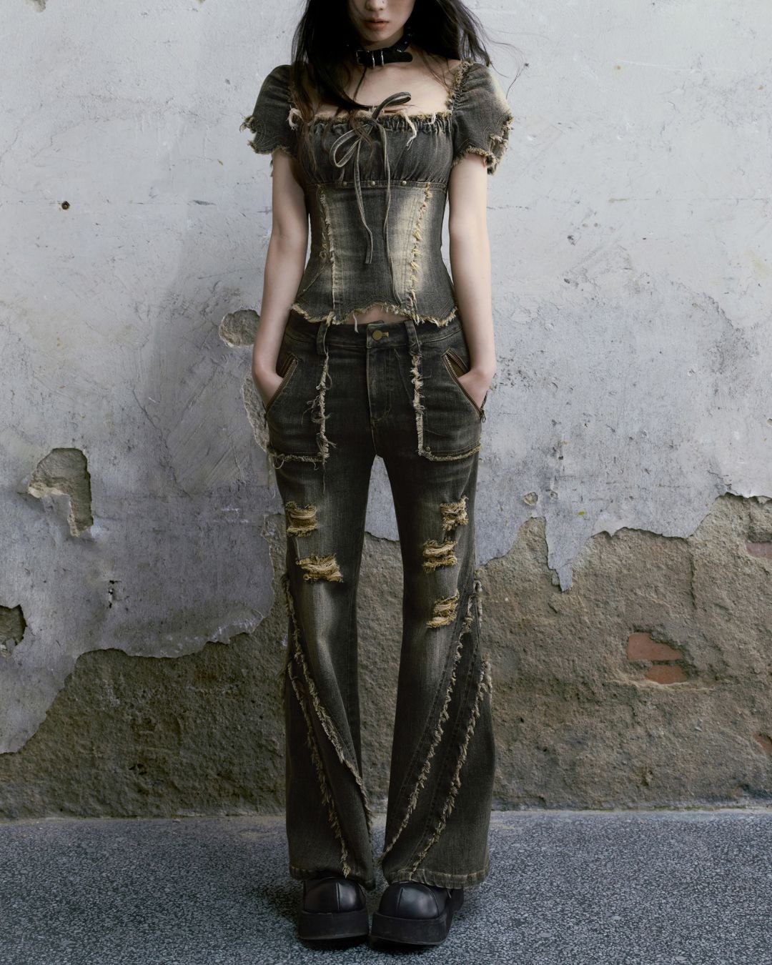 Washed Denim Puff Sleeves Top　TP029