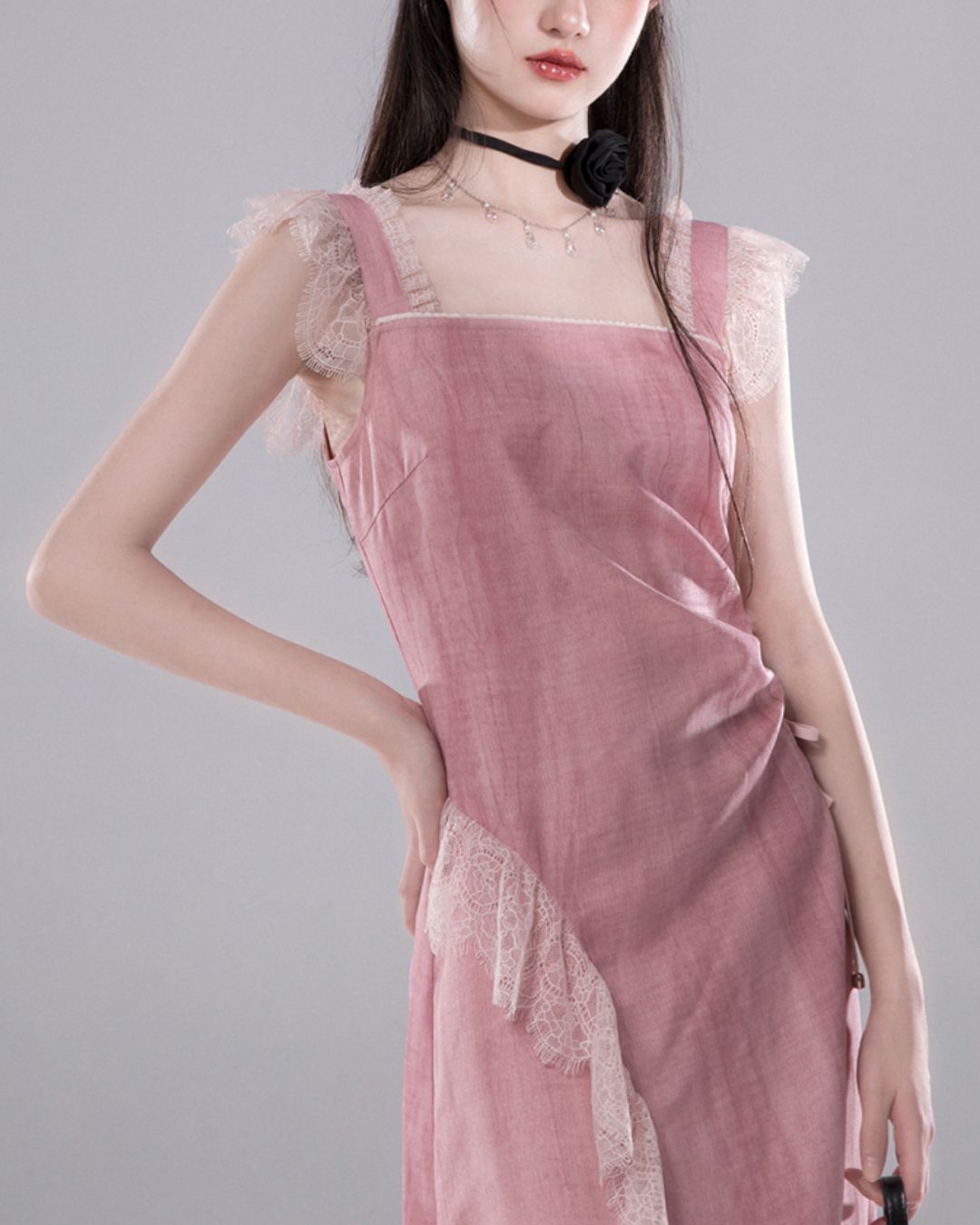 Side Waist Drawstring Lace Embellished Long Dress　DR042