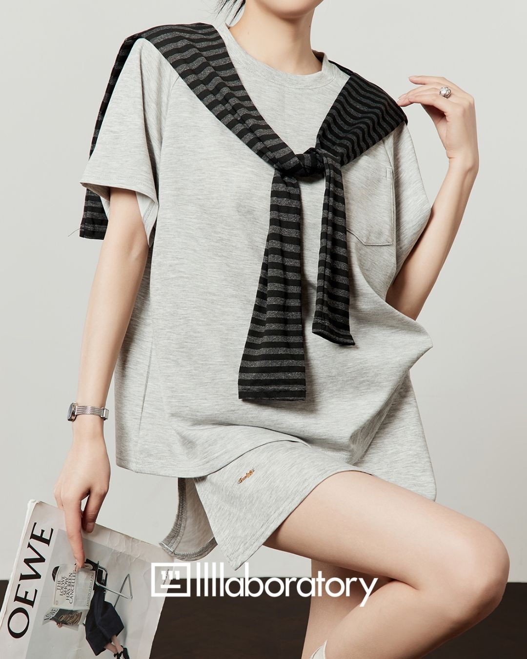 Loose T-shirt & Shorts & Border Shawl Set　TP073