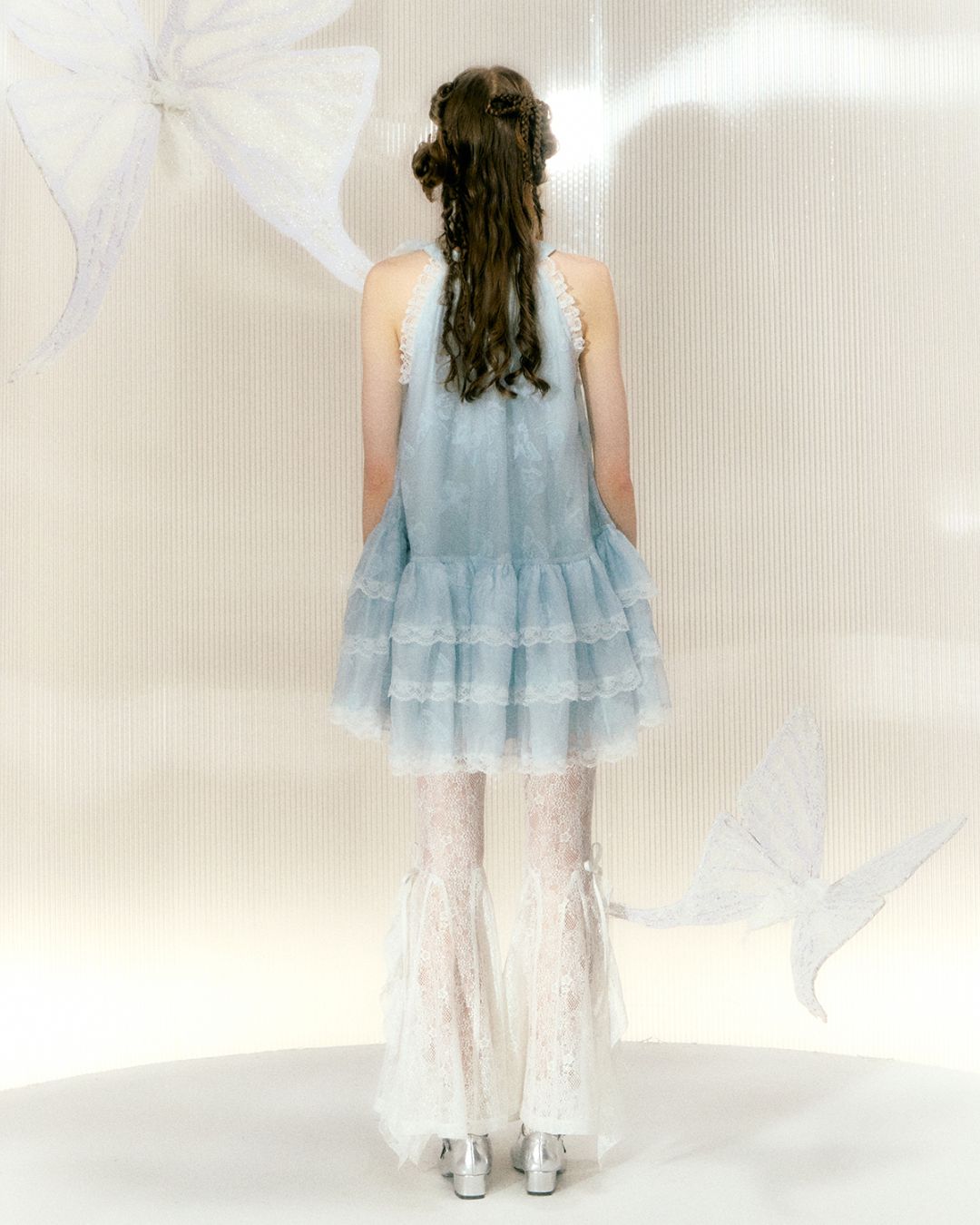 Halter Neck Butterfly Print Organza Lace Mini Dress　DR028