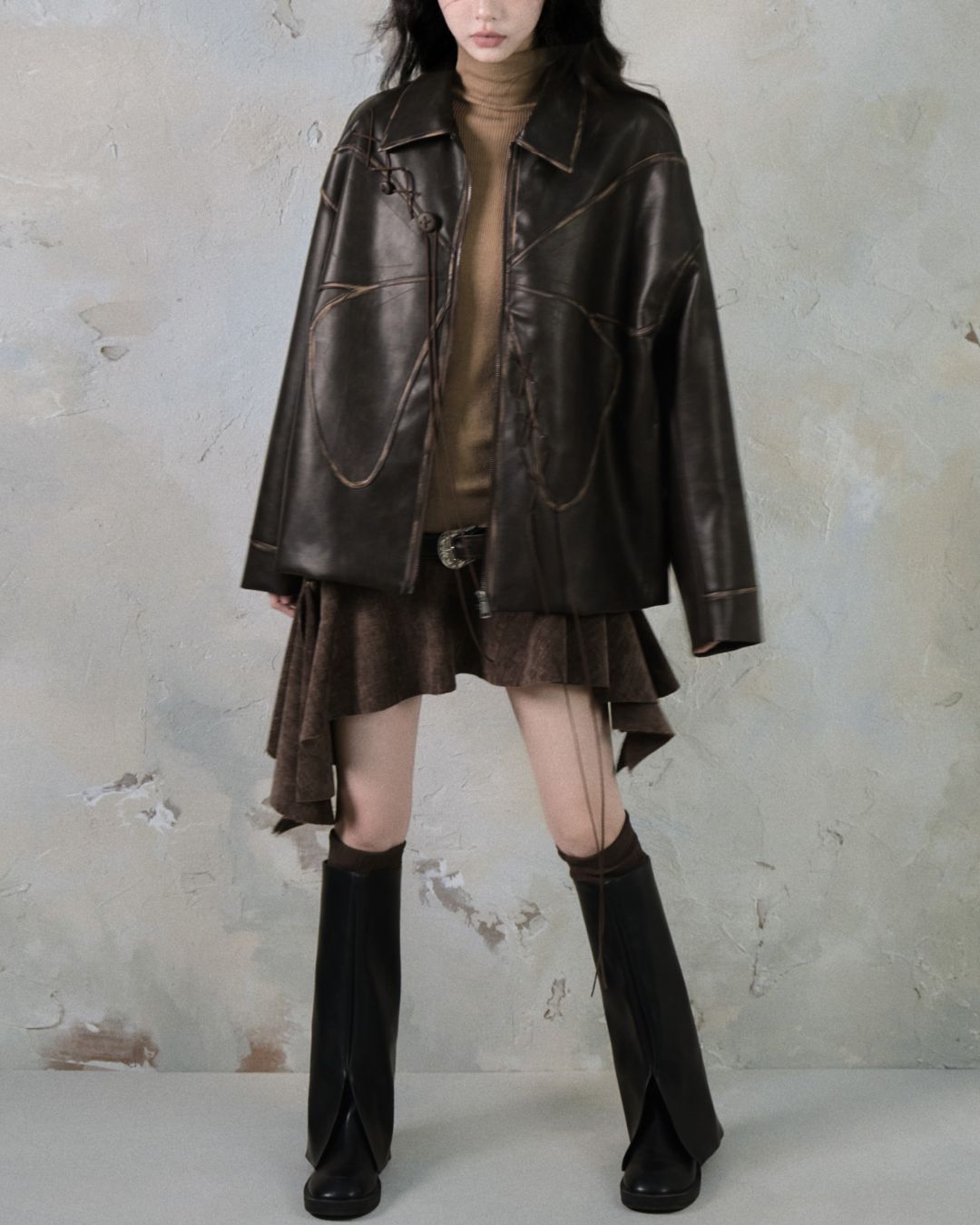 Leather And Suede Metallic Belt Asymmetric Skirt　BT019