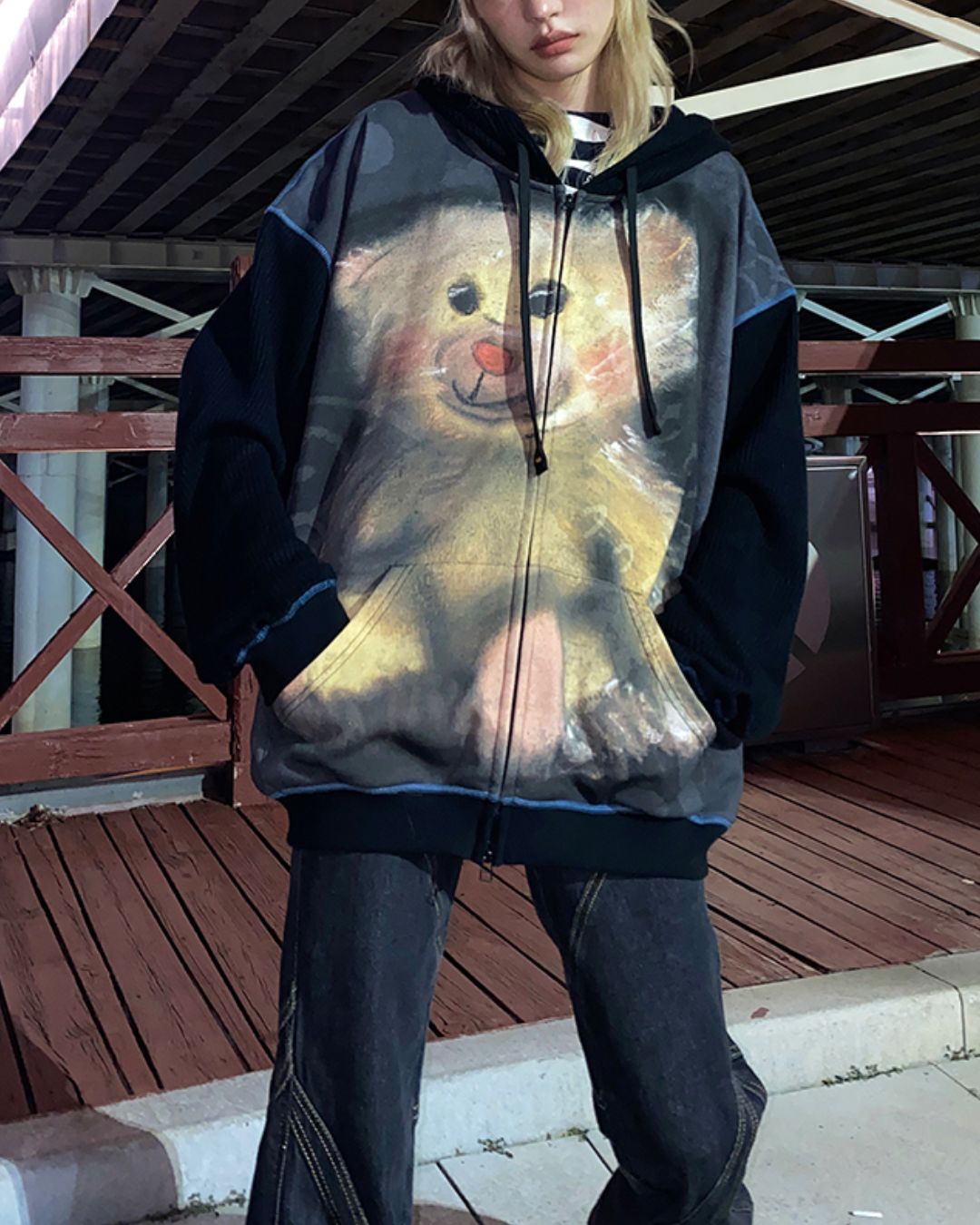 Bear Print Full Zip Hoodie　TP032