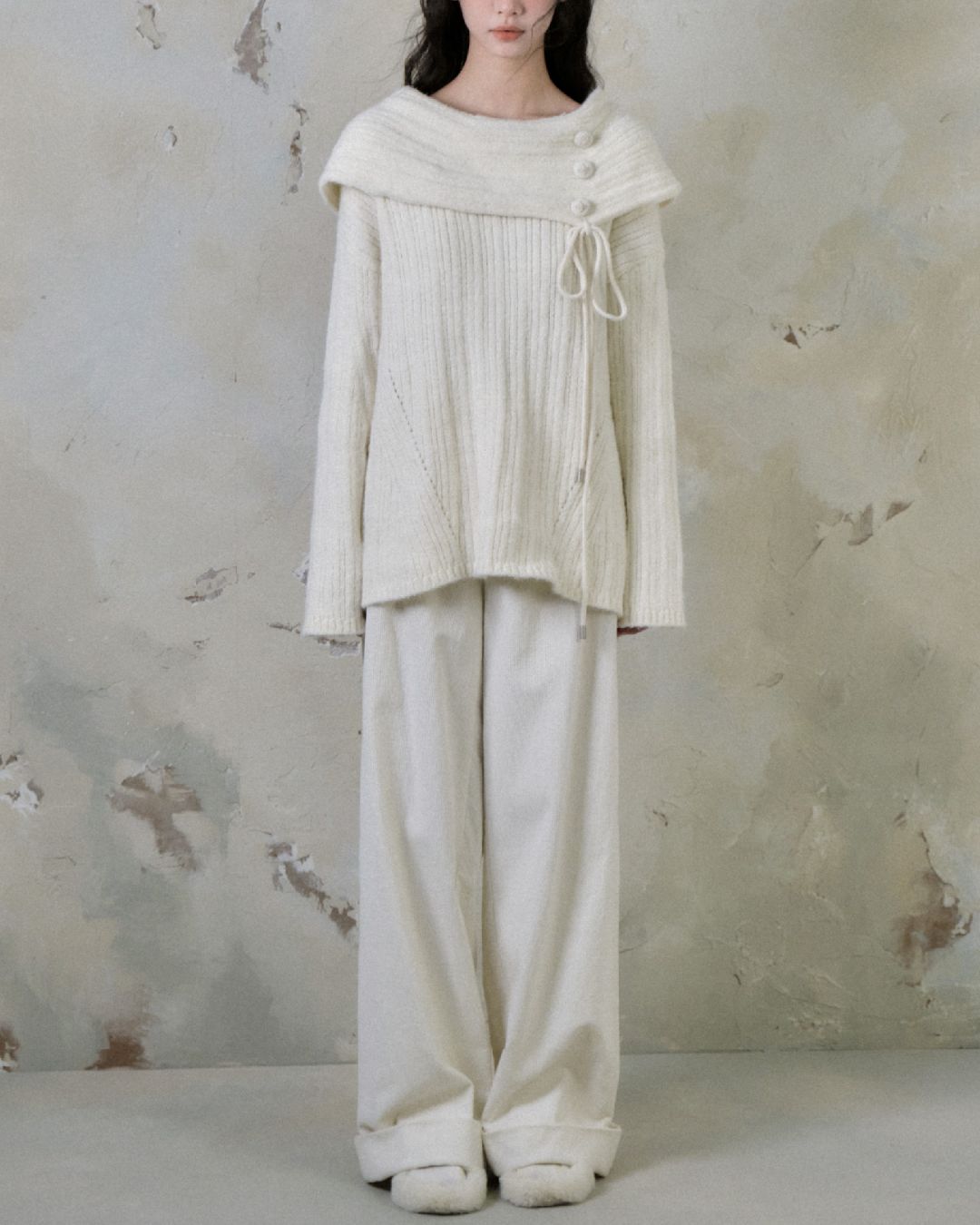 Button Ribbon Off Shoulder Knit　TP022